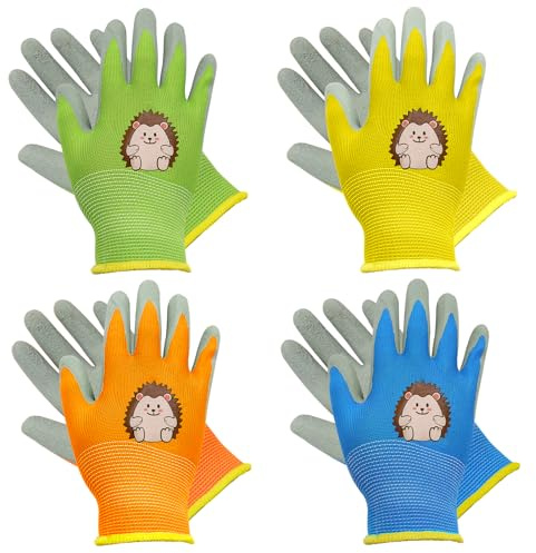 VEGCOO 4 Pares de Guantes de Jardinería para Niños, Guantes de Jardín para Niños a Prueba de Espinas, Guantes de Trabajo Antideslizantes para Patio, Jardín, Actividades al Aire Libre, S, 3-5 años