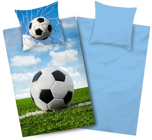 Aminata kids - Fußball Bettwäsche 135x200 Jungen - Fussball-Fan-Motiv Polycotton - mit Reißverschluss - Wende Teenager-Kinder-Bettwäsche-Set blau