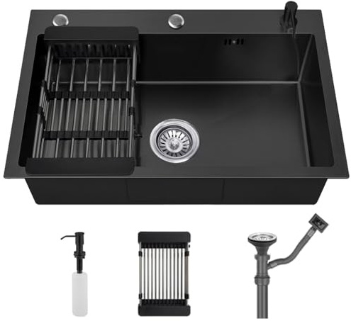 évier de cuisine encastré noir, évier monobol en acier inoxydable, évier de poste de travail monté sur le dessus avec robinet coulissant, savon et panier de vidange (Sans robinet, 50 * 45 * 20cm)