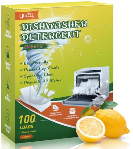 YUCO YCUO Dishwasher Detergent Sheets 100 Loads,Eco Friendly Dishwasher Detergent Plastic-Free Washer Sheets Alternative (Lemon)