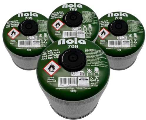 NOLA 4X 450g Gaskartuschen – Propan-/Butangas Schraubkartuschen mit Gewinde 7/16 Gas, Campinggas, für Campingkocher, Gaskocher & Gasgrill – Schraubventil Kartusche Outdoor EN417 Notfall Stromausfall
