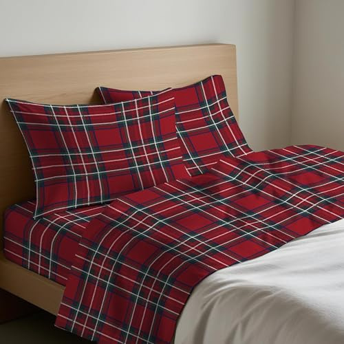 Tata Home Completo Letto Flanella Piazza Mezza Set Lenzuola Morbido Caldo Cotone Felpato Invernale Antipilling Made in Italy Fantasia Dis. Kilt Colore Rosso