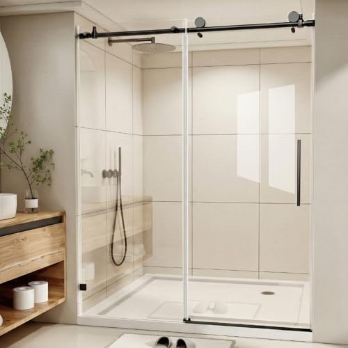 Frameless Shower Door with Round Top Tube - 56-60 W x 76 H Sliding Glass Shower Door,Matte Black, 1/4(6mm) Tempered Clear Glass with Explosion-Proof Film Nano Coating, Easy Clean