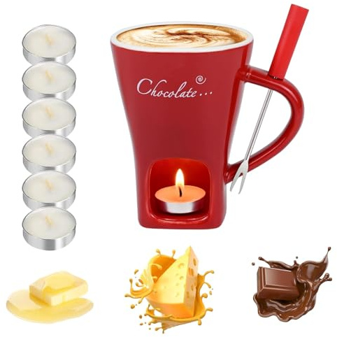 Chocolate Fondue Mug Set – Ceramic Chocolate Melting Cup with Forks & 6Pcs Candles, Mini Cheese & Butter Warmer Pot for Hot Chocolate, Desserts, Date Night, Birthday & Wedding Gifts (Red) (C)