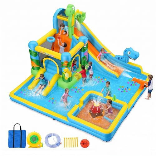 Gonfiabile acquascivolo castello gonfiabile con ventilatore per bambini 3+ anni, scivolo asciutto/acqua, parco acquatico dinosauro con 2 scivoli, piscina per bambini e piscina, cestino da basket
