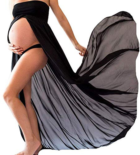 Angel ZYJ Femme Enceinte Robe en Mousseline Sexy Grossesse Femme Bandeau Robe pour Maternité Photo Shoot (Noir, XL)