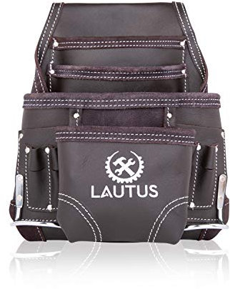 LAUTUS Oil Tanned Leather Tool Pouch Bag | Carpenter, Construction, Framers, Handyman | 10 Pockets, 2 Hammer Holders | 100% Leather Dark Brown
