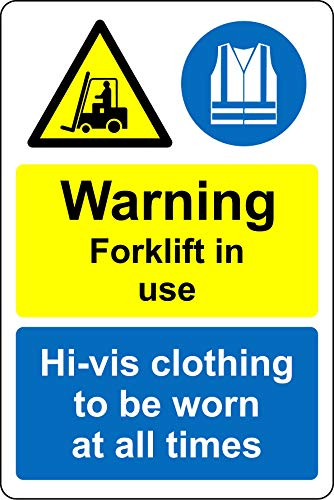 Warning forklift in use, high vis clothing to be worn at all times Safety sign - Self adhesive sticker 200mm x 150mm