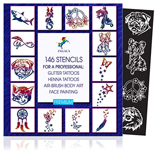 Stencils Set for Temporary Tattoos, 146 Glitter Tattoo Stencils for Kids, Stenciles Kit for Glitter Tattoos for kids, Teens and Adults, Henna Tattoo Stencils, 5-10 Year Old Girl Gifts