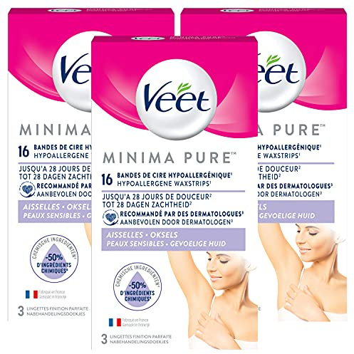 VEET PURE - Lot de 3 - 48 Bandes de cire froide Aisselles - Peaux Sensibles - Recommandés par les Dermatologues - Epilation Longue Durée