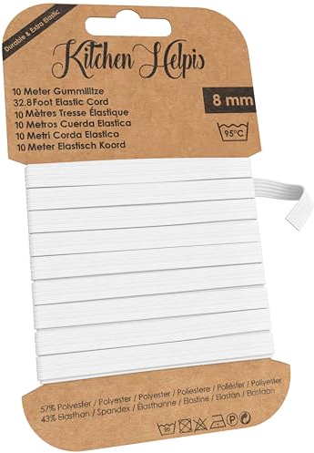Kitchen Helpis® Reißfeste Gummilitze, 10 Meter Gummiband, Gummiband zum Nähen für Masken oder Hosengummi, Gummizug 95 °C waschbar, Gummiband Mundschutz, Gummiband nähen, gummilitze Kochfest