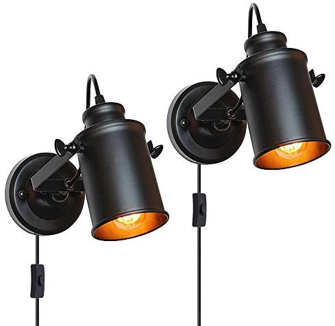 ASCELINA Vintage Wall Light with Switch, Industrial Ceiling Spotlight Black Retro Adjustable Wall Light Metal Headlight E27 Lamp Base (2 Pack)