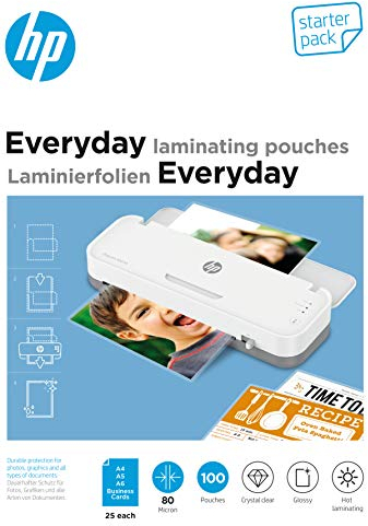HP Everyday Laminierfolien, Starter-Set, 80 Micron, glänzend, transparent, zum Heißlaminieren, 100 Stück, 9158