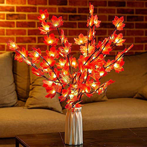 Maple Leaf Branch Lights- 30 Inch 20 LED Thanksgiving Luminous Decoration Battery Operated Lighted Twig Branches Artificial Leaves Table Lights for Thanksgiving Autumn Harvest Fall Vase Decoration
