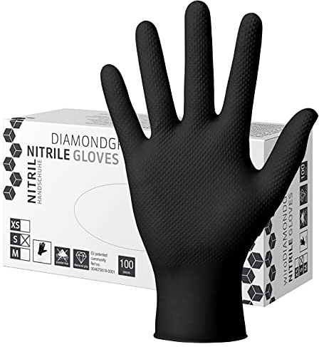 Herrmann Nitril Handschuh DiamantGrip Schwarz | Gr. M - 100 Stück | Perfekter GRIP Einweg Montage Schutzhandschuhe puderfrei latexfrei | Diamanttextur Nitril-Handschuhe
