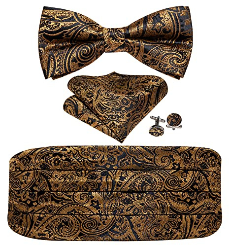 Barry.Wang Cummerbund fluga set för män, siden kummerbund förbunden fluga ficka fyrkantiga manschettknappar, Svart guld paisley, en storlek