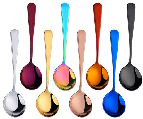 Buyer Star Suppenlöffel Edelstahl von 8, Bunt Runde Löffel Besteck, Klassische Shiny Esslöffel Tischlöffel Set für Müsli Porridge Früchte Joghurt
