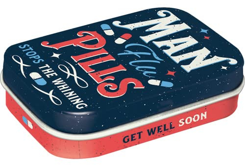 Nostalgic-Art Retro Pillendose, 4 x 6 x 1,6 cm, Man Flu Pills – Geschenk-Idee für Nostalgie-Fans, mit Pfefferminz-Dragees, Vintage Design