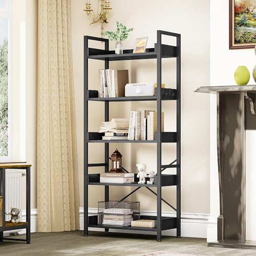 YITAHOME Bookcase 5 Tiers, Floor Standing Book Shelf, Wooden Shelves and Stable Steel Frame Shelving Units with 4 Hooks Industrial Storage for Living Room, Home Office, Black Bookcases