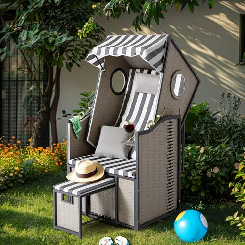 Wohnando Bulli Strandkorb XXL mit Bullauge - Hochwertiger Liegestuhl für Garten & Outdoor, Ostsee Design, 1-Sitzer Sonnenliege, Strandkörbe für Balkon, wetterfest, Beach Chair, Sonnenschutz