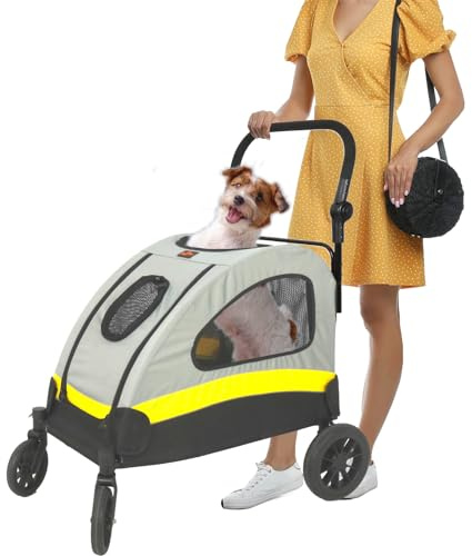BingoPaw Dog Cat Travel Stroller: 4 Oversized Wheels Heavy Duty Pet Pram Doggy Pushchair with Brakes for Small Medium Dogs and Cat with Adjustable Handle Loads Up to 20KG M