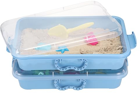 OGANAZI 2 Pack Portable Sand Trays with Lid&Handles Plastic sandboxes Sensory Bins Play Tray for Indoor Outdoor Sensory Activities, 38 * 25 * 8cm, Blue