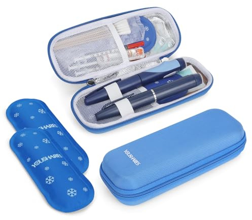 YOUSHARES Funda de Viaje para Bolígrafo de Insulina- Estuche de Viaje para Diabéticos con 2 Bolsas de Hielo, Bolsa Nevera para Suministros Diabéticos, Nevera para Insulina (Azul)