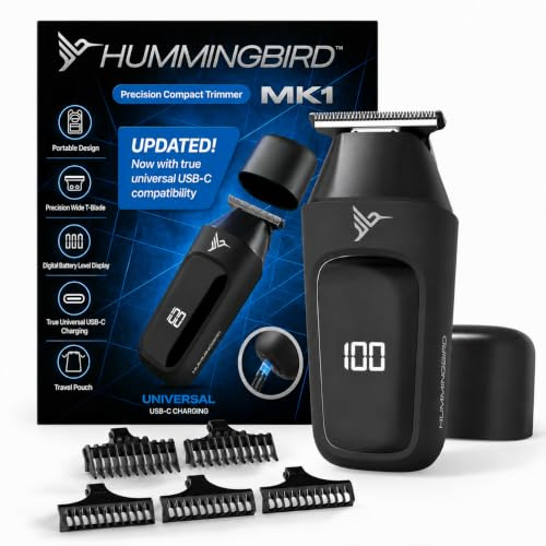 HUMMINGBIRD MK1 Compact Trimmer – Portable Electric Beard & Body Hair Trimmer for Men, Cordless USB-C Rechargeable, Face & Body Groomer, Travel Shaver, Travel Pouch, Great Gifts for Men, Dad, Husband