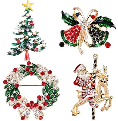 4Pcs Broche de Noël, Noël Strass Cristal Broche, Broches et Pins de Noël, Vieil Homme, Guirlande, Accessoires Vestimentaires de Noel