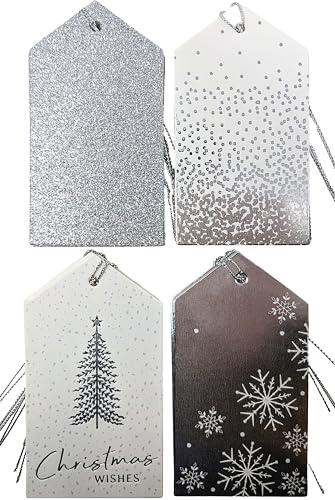 20 Luxury Silver Gift Tags for Christmas – 4 Elegant Foil Designs – Pre-Attached Silver String – Writable Blank Reverse – 11.5 x 6.2cm – Festive Present Tags for Wrapping & Gift Bags