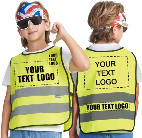 AYKRM Personalised Printed LOGO SCHOOL Childs High Vis Vest - Yellow 6-9Y Kids Hi Vis Reflective Safety Vest with High Visibility & Customize Logo