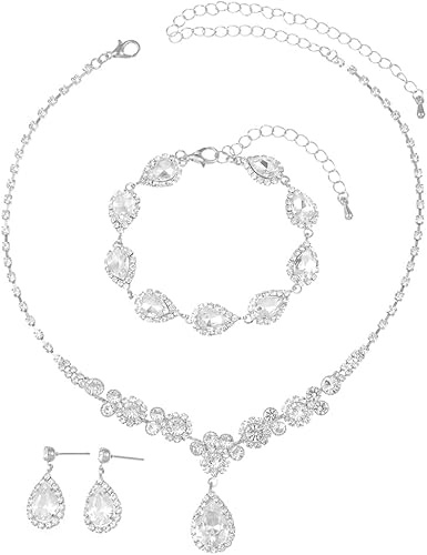 FDEETY Bijoux Femme Set de Zircon Goutte 3 Pièces Cuivre Bracelets Boucles d'Oreilles Collier Idéal pour Mariées, Occasions Spéciales et Robes Élégantes（argent）