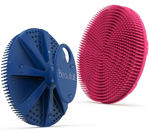 BEAUTAIL Silicone Body Scrubber, Gentle Exfoliating Shower Brush for Body | Hygienic Silicone Loofah, Easy-Grip Handle, Soft Bath Essential for Sensitive Skin, Women, Men & Kids, 2 Pack, Blue+Rose