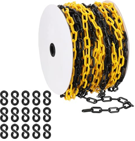 PATIKIL Gul/Svart plastkedja, 164 fot 6 mm avstängningskedja, säkerhetsbarriär, stor länkkedja, lång för varningssäkerhet, parkeringsplats, personkontroll byggarbetsplats, avspärring av ytor