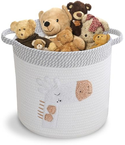 Panier à Linge en Coton Tissé, Panier en Corde de Coton avec Poignées, Panier de Rangement Empilable Corbeilles à Linge pour Vêtements, Jouets, Linge, Salon, Chambre (Girafe Blanc)