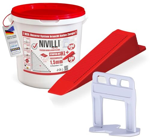 Nivilli KEILY Starter-Set XL - 500x Laschen + 300x Keile. Zangenloses Profi Nivelliersystem. Verlegehilfe Fliesen. DAS BESTE ZUM GÜNSTIGEN PREIS! 1.5mm Fugenbreite, Materialstärke 3-15mm