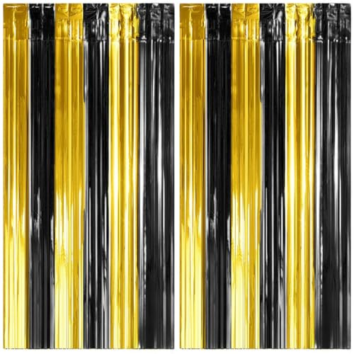 Jonami 2 Tende Metalliche Oro Nero, Orpelli e Festoni Lamina Frangia per Sfondo Fotografico e Decorazioni Festa Compleanno