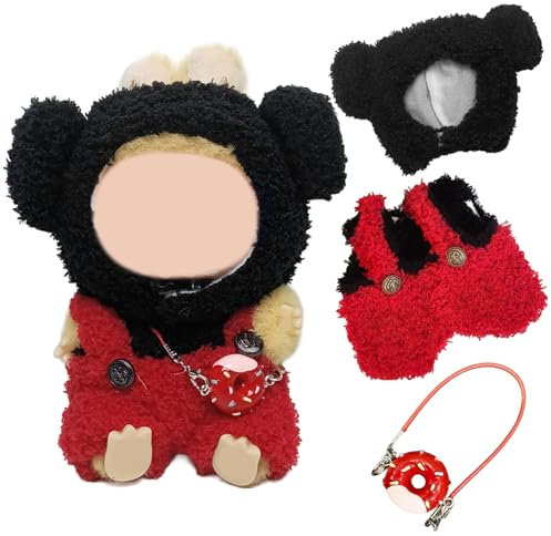17cm Puppe Kleidung , Cartoon Tiere Plüsch Kleidung Zubehör Set mit 1 Overall Oberteil Hose Set 1 Schwarze Hut 1 Donut Tasche für Mädchen Kinder Geschenke, Ohne Puppe