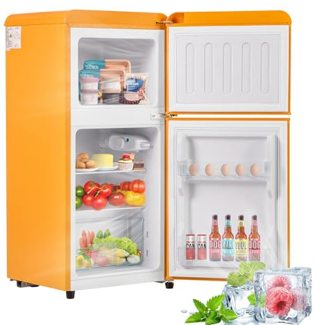 Frigorífico Retro Con Congelador, 60L De Capacidad Total, Congelador 22L, 2 Estantes De Vidrio, Cajón Para Verduras, Bandeja Para Huevos, 102Kwh/Año, Iluminación LED, -27 °c - 13 °c,Yellow