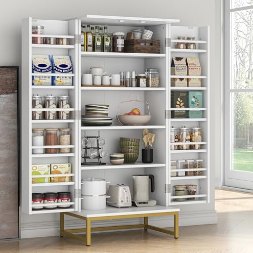 Feonase 51” Kitchen Pantry Storage Cabinet with Doors and Adjustable Shelves, Freestanding Pantry Cabinets, Buffet Cupboards Storage Cabinet for Home Office Use, White + Gold
