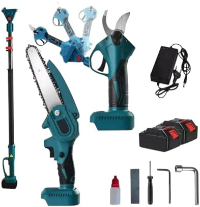 MF artSHOP Kit Forbice da Potatura a Batteria 3 in 1, Motosega a Batteria 6 Pollici, Cesoie Elettriche con Asta Telescopica 128-248cm, 2 Batterie Incluse – Taglio Rami Alberi Giardino Arbusti Vigneto