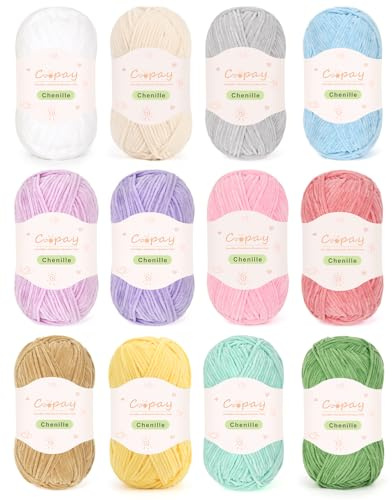 Coopay Lana de chenilla para ganchillo, 12 x 50 g, suave y aterciopelada, fina lana para tejer, cálida lana de felpa para manualidades, manta, peluches, colores 01