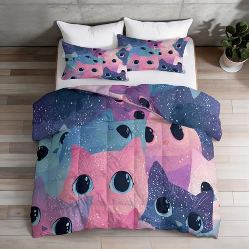 Tecknade täcken 155 × 220 cm 4 årstider, tvättbart täcke utan överdrag för blå rosa – katt gradient gnistrande ögon mjuk och bekväm året runt täcke med 2 örngott, flickrum
