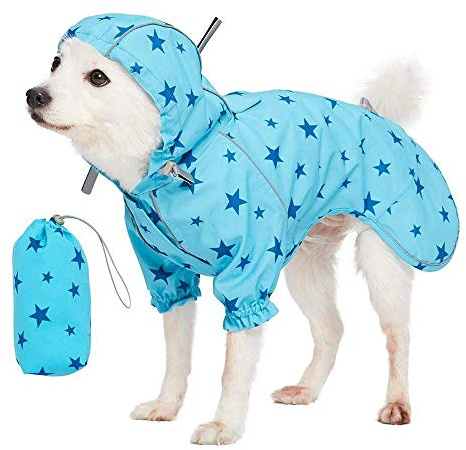Blueberry Pet 18 Star Prints Lightweight Reflective Waterproof Dog Raincoat with Hood & Harness Hole, Blue, Outdoor Rain Gear Jacket 2 Legs for Large Dogs