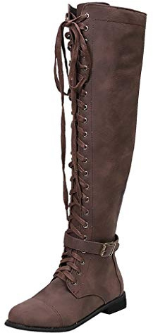 Susenstone Bottines Femme Plates Hautes En Cuir Hiver Chaud Vintage Mode Pas Cher Bottes à Lacets Sexy Mode Confortable Equitation Le Genou Boots