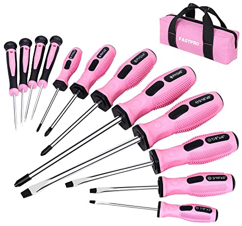FASTPRO 12-Piece Pink Magnetic Screwdrivers Set with Slotted Phillips Screwdrivers and Precision Screwdrivers, Repair Tool Kit for Women with Storage Bag