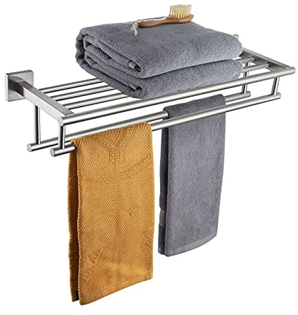 KOKOSIRI 20 Inch Towel Rail Towel Shelf with Double Towel Bars Bathroom Towel Rack Towel Holder Wall Mounted SUS 304 Stainless Steel, Brushed Nickel, B6005BR-L20