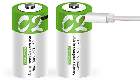 Baterías C recargables de 1,5 V 5000 mWh, batería C recargable de iones de litio USB con cable de carga USB tipo C, carga rápida de alta capacidad, salida constante de 1200 ciclos, protección contra