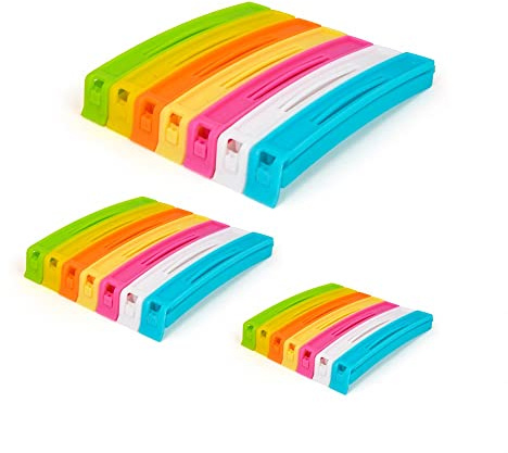 Food Storage Bag Clips - Pack of 21 Sturdy Food Clips in 3 Assorted Sizes & 7 Colours for Sealing Food, Snacks, Coffee - Reusable Bag Sealer Clips for Home, Kitchen & Office