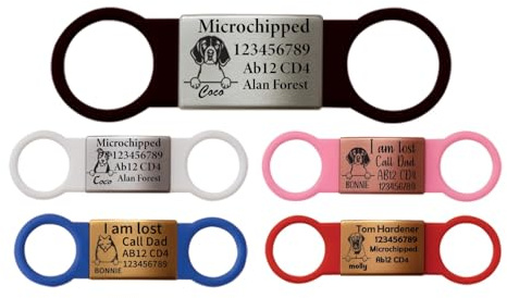 Slide On Dog Tag Silent Personalised Engraved Pet ID Tags UK Dangle-Free Identity Tag for Dog Cat Kitten Puppy Stainless Steel Elastic Silicone Collar Tag (S-(MAX 1.8cm Collar Width), Black Band)